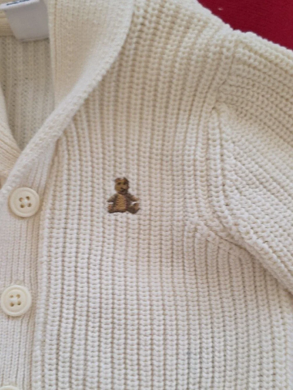 GAP Cream Knit Shawl-Collar Cardigan with Teddy Embroidery 3-6 Month